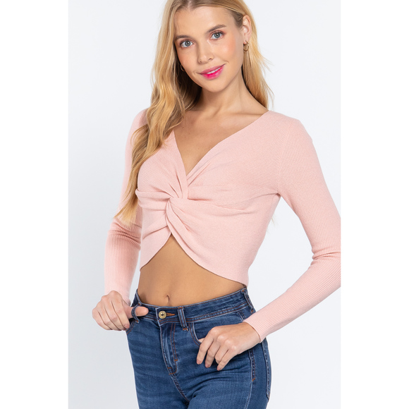 V-neck Front Knotted Crop Sweater - Picture 3 of 7